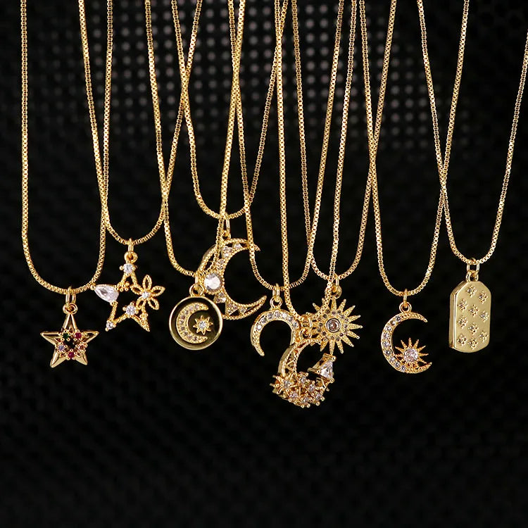 NZ1119  Fashion Minimal Mini 18k Gold Plated Cubic Zircon CZ Star Moon Crescent Women Chain Necklace