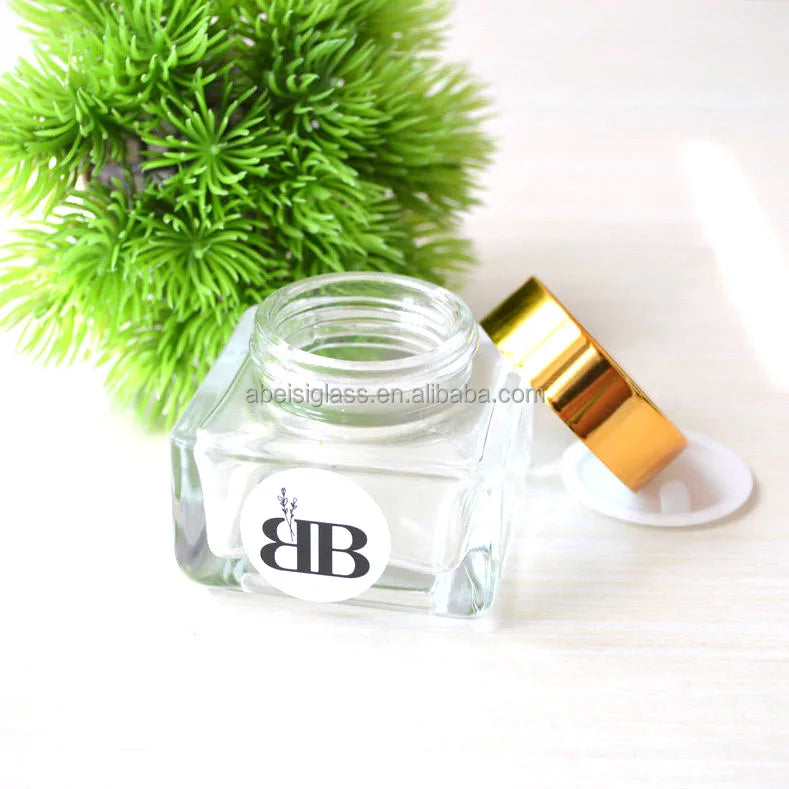 Luxury Cosmetic Packaging 15g Clear Amber Square Glass Cosmetic Jar for Eye Cream