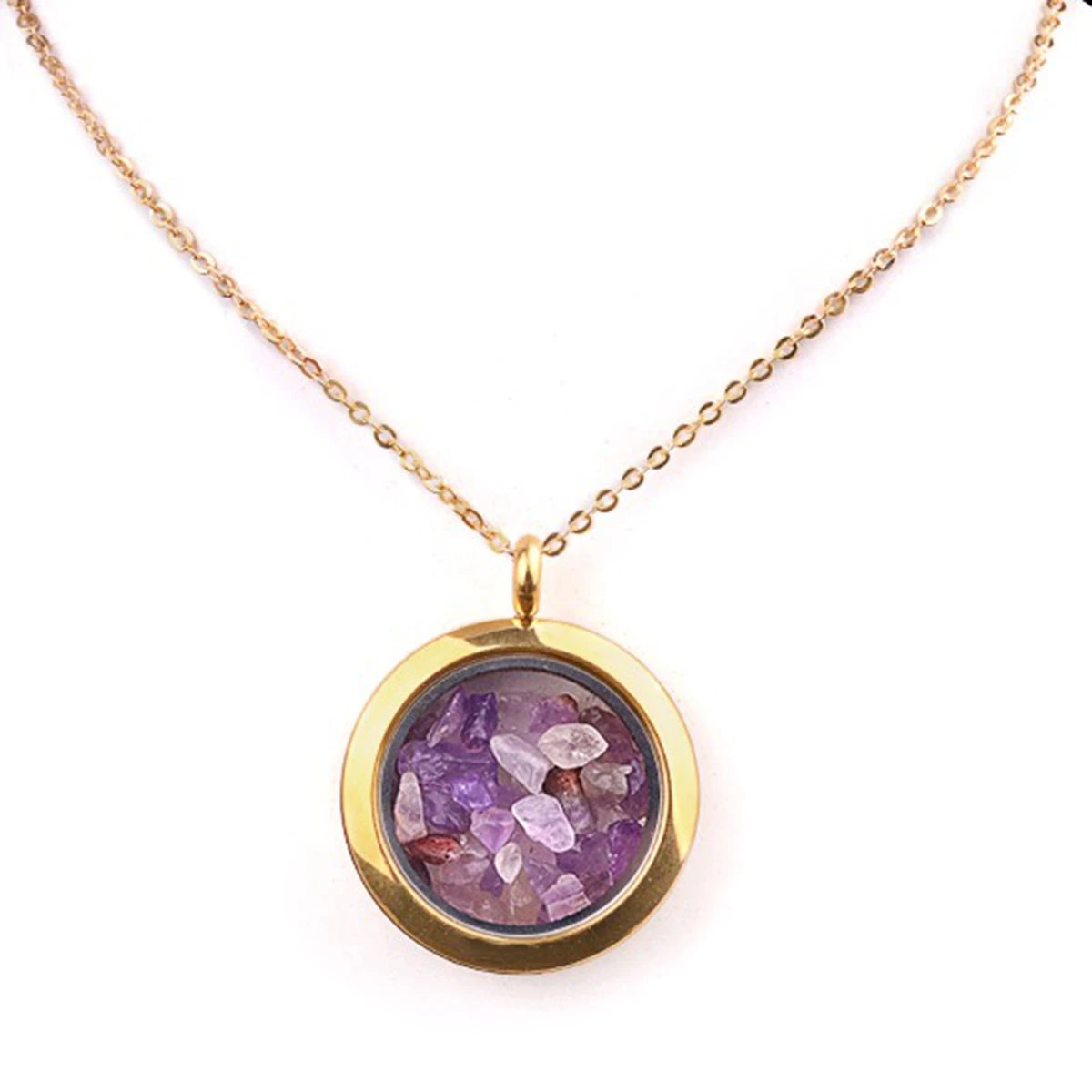 Fashion Amethyst 25mm Gold Round Stainless Steel Gawu Hold Crushed Stone Box Pendant Necklace Jewelry Charm Customized Necklace