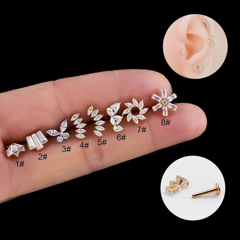Stocks Selling G23 Titanium Jewelry High Quality Titanium Flat Back Internally Threaded Cubic Zircon Cartilage Piercing Earring