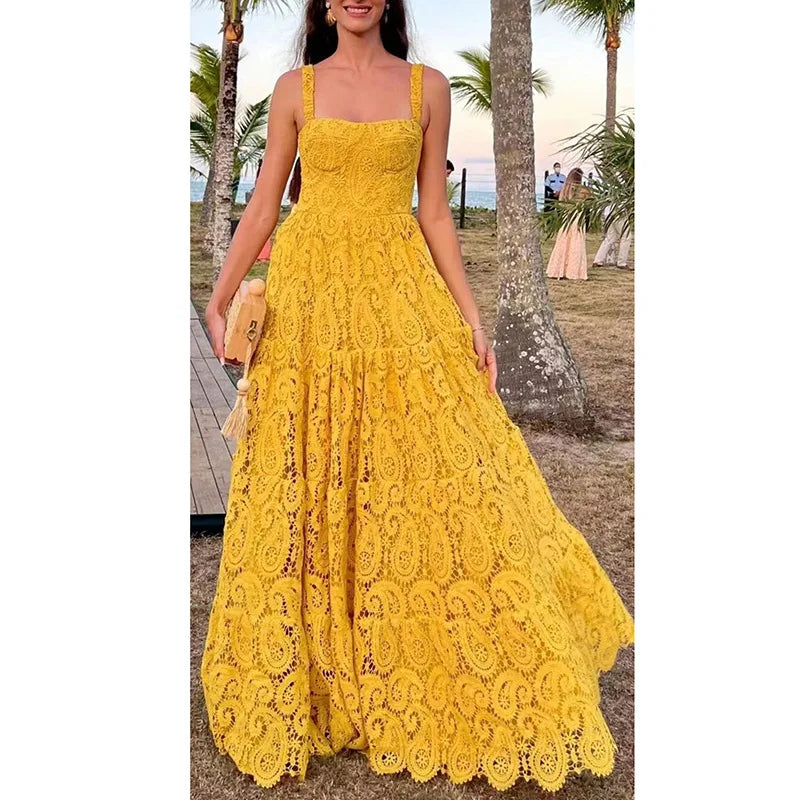 Seaside Holiday Style Beach Skirt Women's 2022 Autumn New Ginger Yellow Heavy Industry Embroidery Sling Ruffle Dress