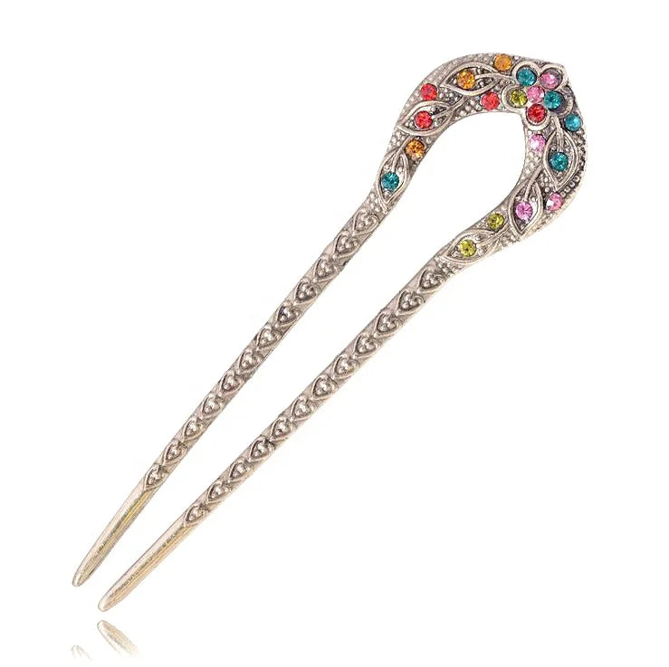 Accessory Wholesale Vintage Antique Flower Crystal Rhinestone Ripple U Shaped Chopsticks Hanfu Hair Fork U Hair Pin for Woman