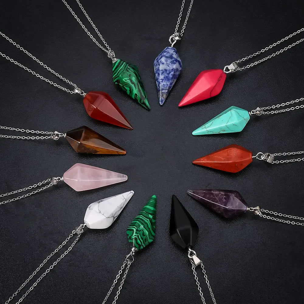 Men's & Women's Natural Gem Stone Necklaces Crystal Pendants Quartz Cone Hexagonal Reiki Chakra Amulet for Wedding & Party