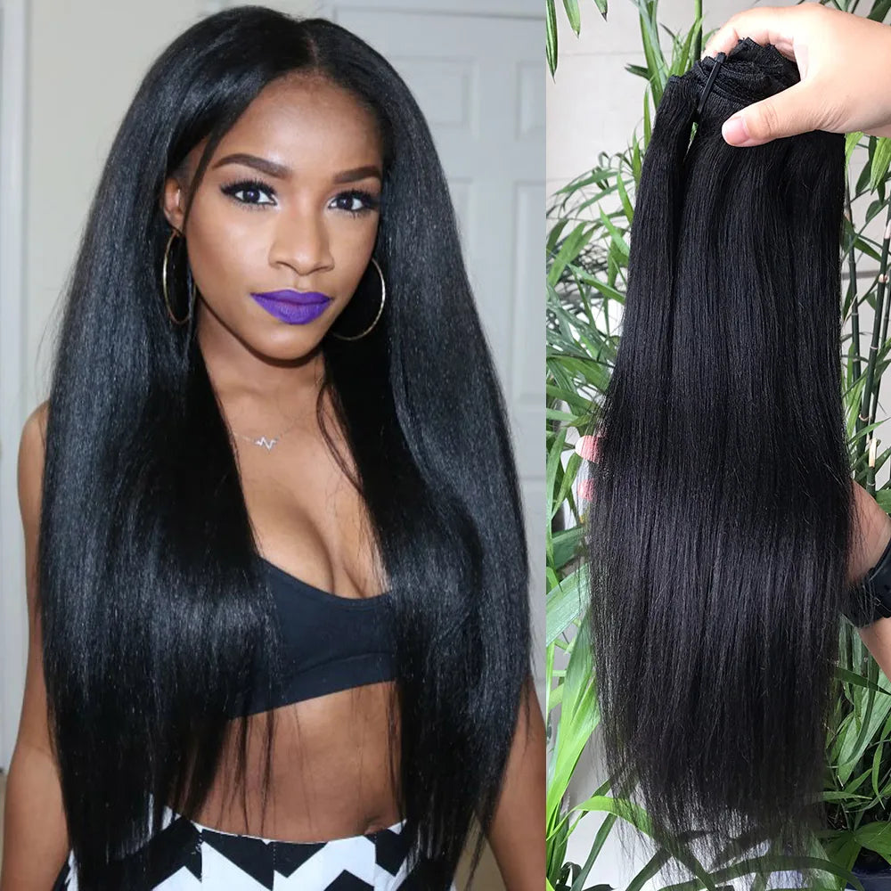 Heavy Yaki Straight Bundle Remy Human Hair120g 8pcs/Set Full Head Machine Made Remy Kinky Coarse Yaki Clip in Hair Extensions