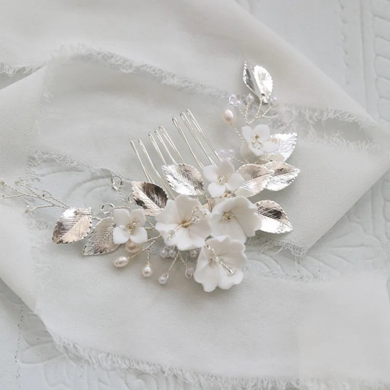 SLBRIDAL Handmade Ins Style Freshwater Pearls Ceram Flower Bridal Hair Comb Wedding Hair Accessory Bridesmaids Women Jewelry