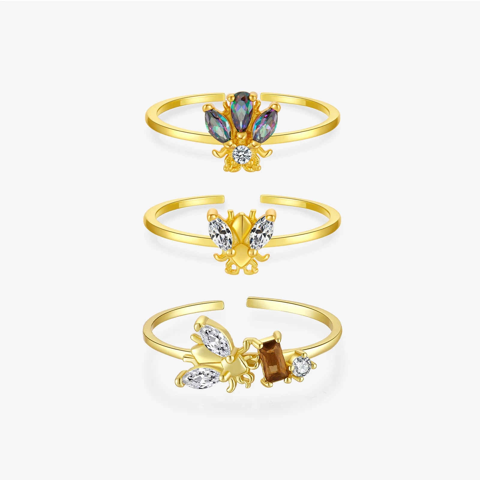 FUAMAY Fashion Gold Insect Bee Ring 18K Gold Plated 925 Silver Geometric Zircon Honey Bee Open Ring for Women