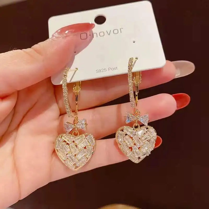 S925 Silver Needle Light Luxury Heart Ear Stud For Women Pearl Zircon Love Heart Ear Buckle Zircon Love Stud Earring