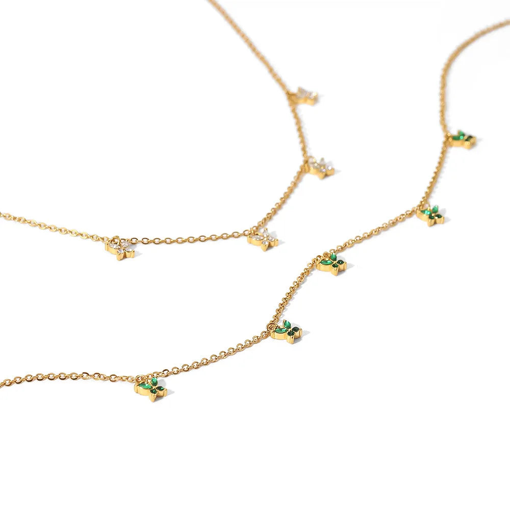 MICCI Wholesale Fashion Women's Versatile Necklace Stainless Steel 18K Gold Plated Green/White Zircon Butterfly Charm Necklace