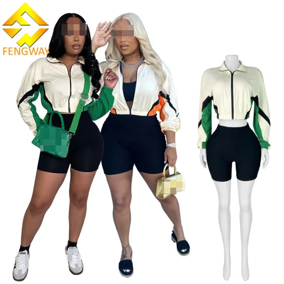 2025 New Fashion Two Piece Set for Women Color Block Long Sleeve Zipper Jacket and Skinny Shorts Tracksuit