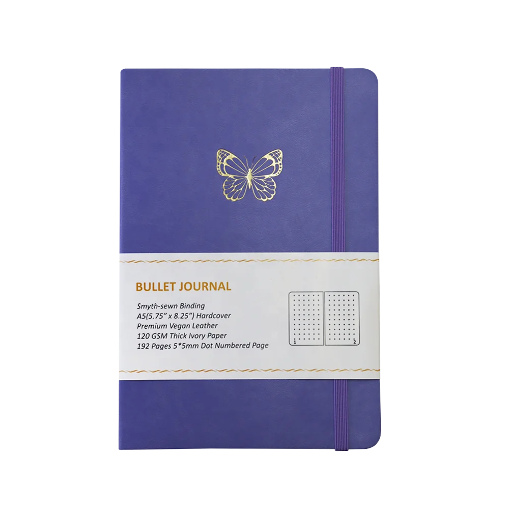 Ready Ship Eco-Friendly A5 Purple Vegan Leather Cover Notebook Spring Girly Butterfly Design Hardcover Dot Sheets Vegan Leather
