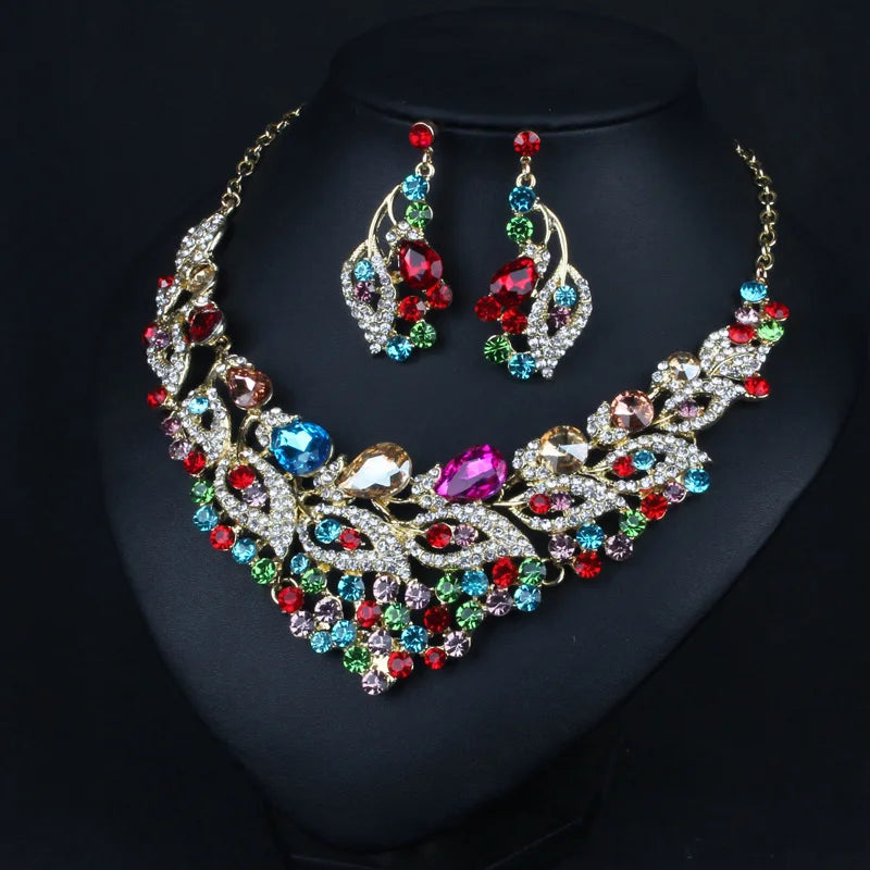 Crystal Pink Bridal Jewelry Sets Teardrop Shape Wedding Necklace Earrings African Fashion Party Jewelry Sets Accessories