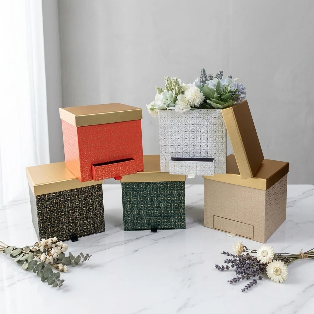 High-end Immortal Rose Box square Box with Drawer Bronzing Pattern Gift Packaging Box