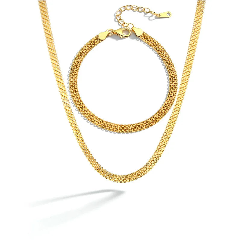 Retro Mesh Belt Necklace Pure 925 Sterling Silver Mesh Flat Bracelet 18k Gold Plated Chain Sets for Women