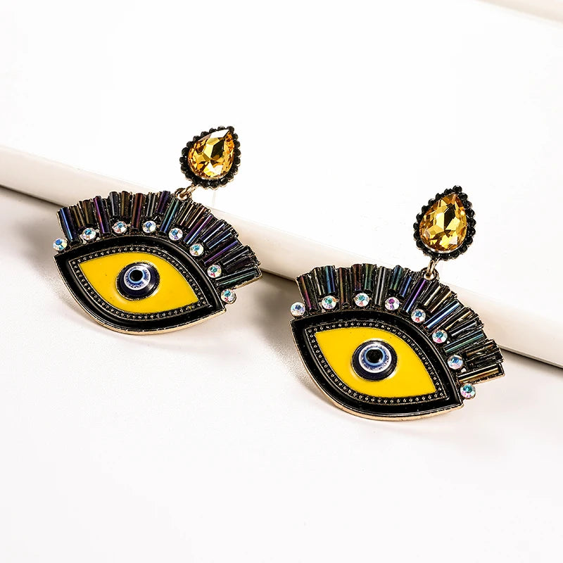 Bohemian Glass Oil Drip Turkish Red Blue Eye Drop Earrings Multicolor Rhinestone Crystal Evil Eyes Vintage Earrings for Women