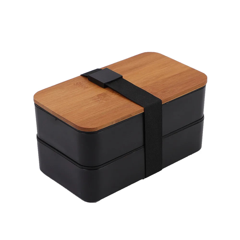 High-Capacity Bamboo Fiber 2-Layer Microwavable Kitchen Lunch Box Eco-Friendly Reusable Leakproof Wooden Lid Bento Box