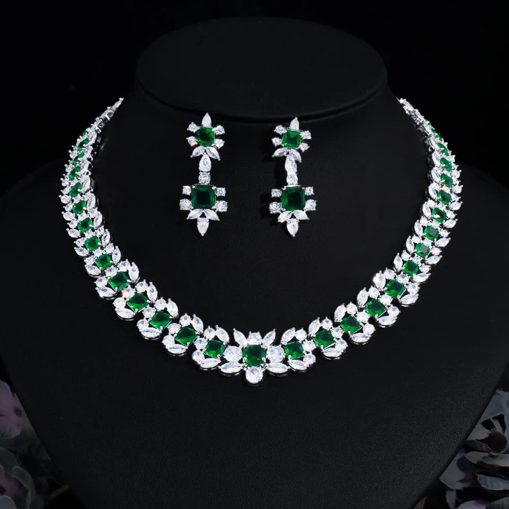 European and American High-end Luxury Zircon Chain Women's Wedding Party Banquet Dress with 18K Gold Plated Necklace Earring Set