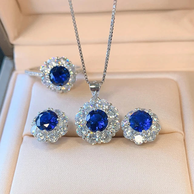 Fashion Jewelry Set Blue Sapphire Cubic Zirconia Jewelry Sets 925 Sterling Silver