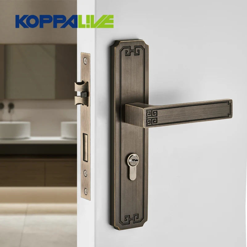 Koppalive Modern Interior Antique Bronze Panel Door Lever Handle Brass Door Lock Set for Bedroom Doors Classic Retro Design