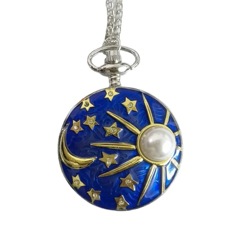Wholesale Antique Quartz Angel Pocket Watch Star Moon Blue Roman Silver Case
