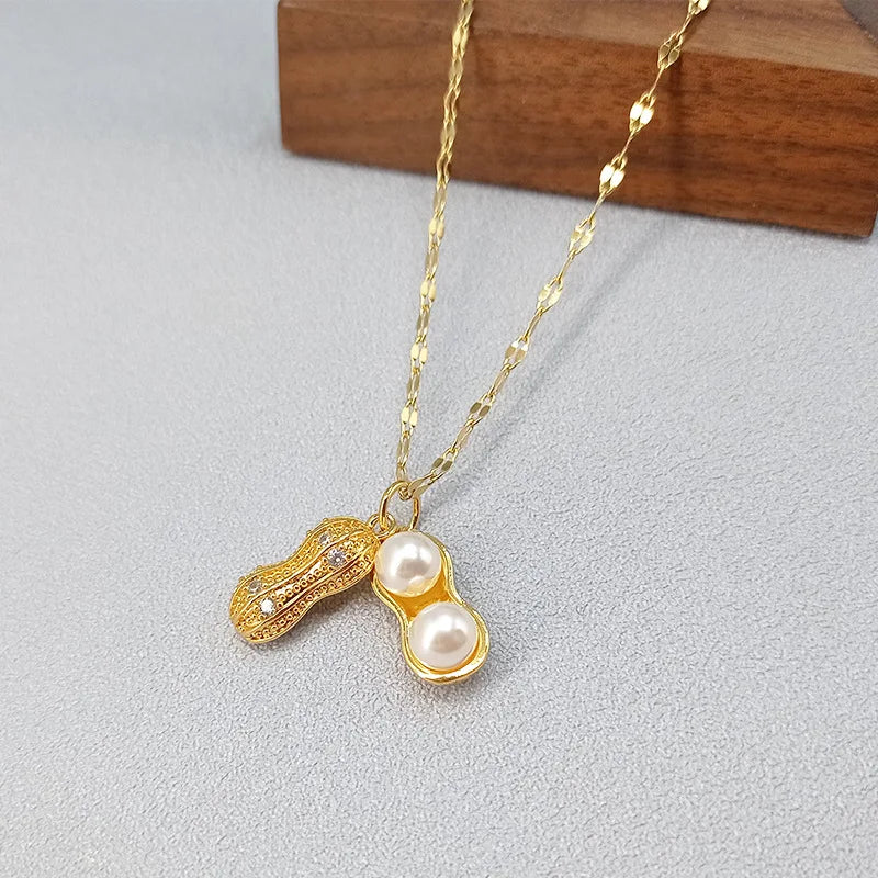 Cute Food Pendant Choker Necklaces 18K Gold Plated Stainless Steel Full Diamond Pearl Inlay Peanut Water Wave Chain Necklaces