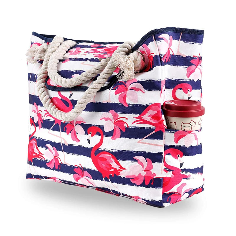 Storage Bags Extra Large Canvas Beach Bag with 4 Inner Pockets for Shopping Travel Gym Swim and Beach Holiday