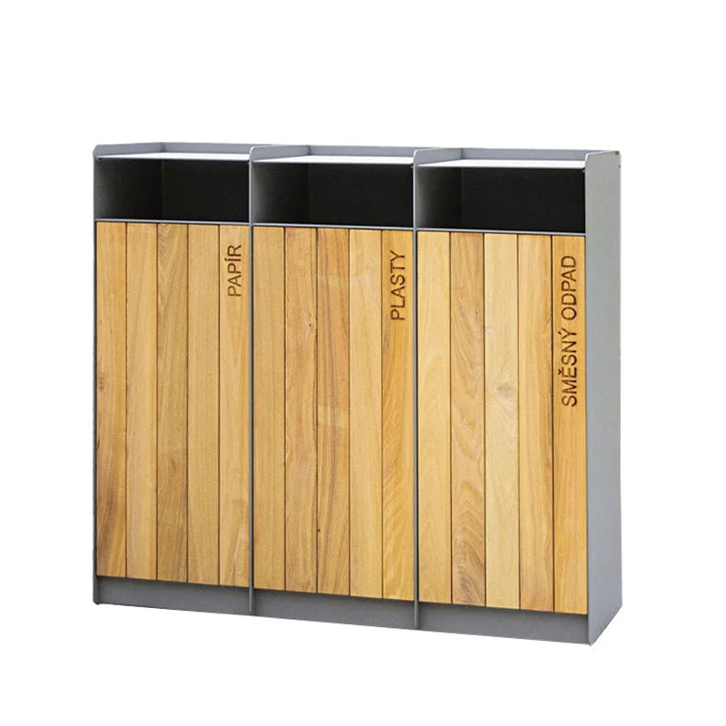 Outdoor Large 3 Compartment Wood Trash Garbage Can Outside Street Park 3 Section Rubbish Litter Bin Public Recycle Waste Bin