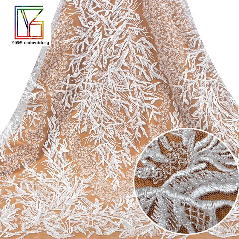 French Super Density White Beaded Sequins Lace Wedding Bridal Tulle Embroidery Dress Fabric