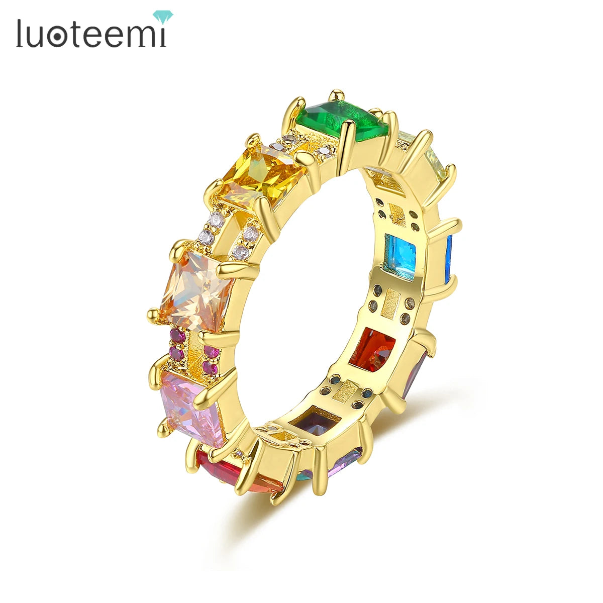 LUOTEEMI Big Cubic Zirconia Rainbow Color Gold Plated 18K Ring for Women Factory Rings Wholesale