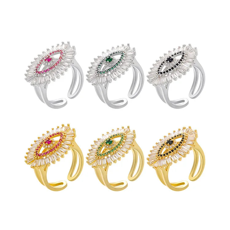 RM1257 Fashion 18k Gold Plated Evil Eyes Ladies Brass Rings Trendy Eyes Diamond Cz baguette Evil Eyes Ring for Women