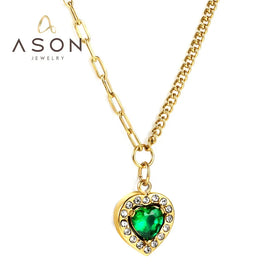 Ason Custom Necklace Pendant logo 18K Gold Plating love Heart Green Gemstone Jewelry Stainless Steel Necklaces with Zircons