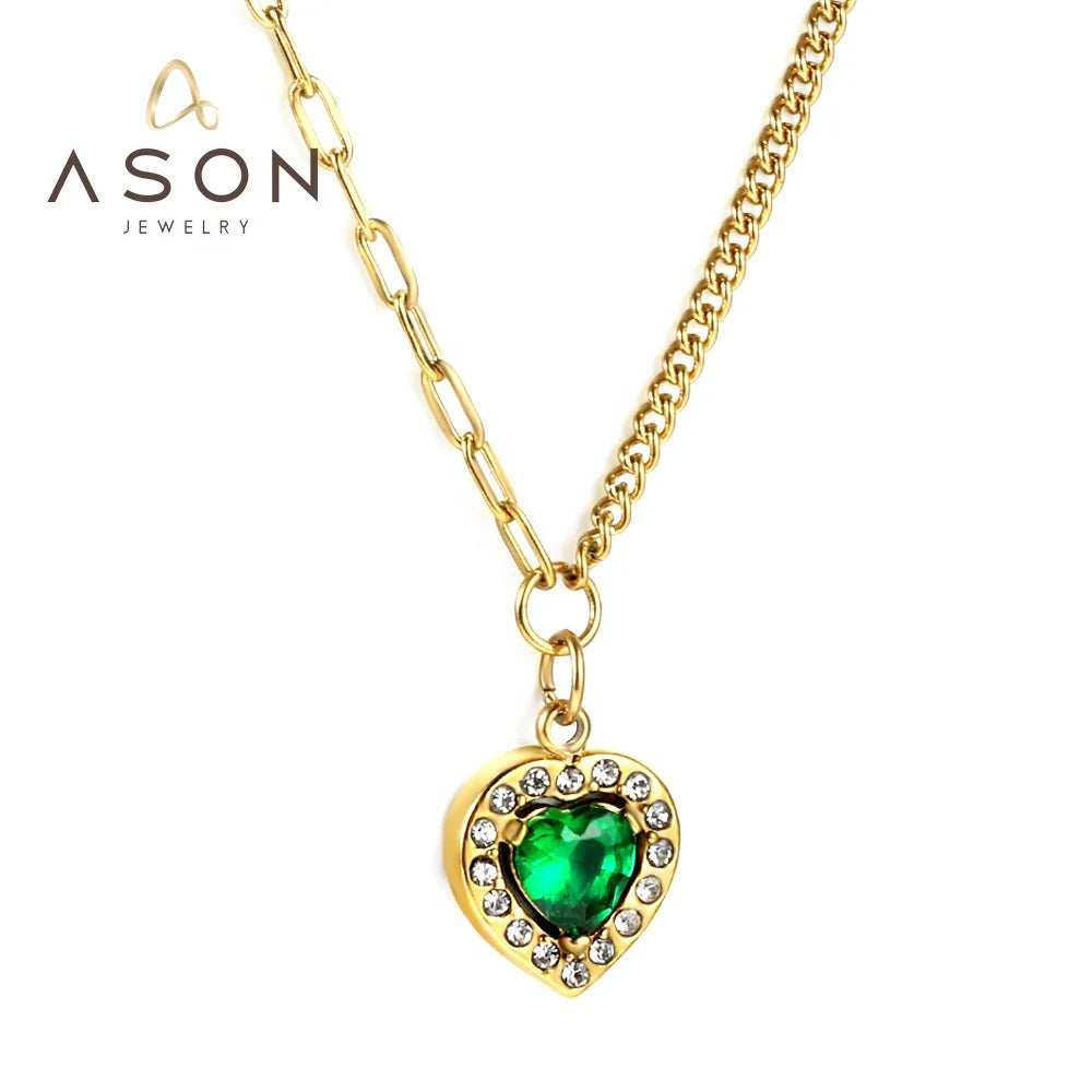 Ason Custom Necklace Pendant logo 18K Gold Plating love Heart Green Gemstone Jewelry Stainless Steel Necklaces with Zircons