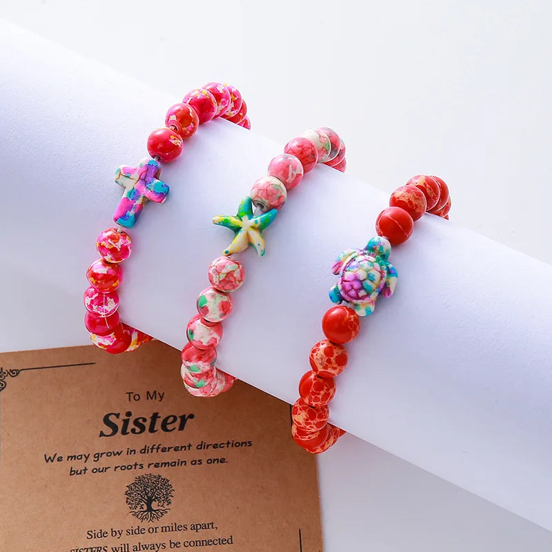 Camo Rose Red Sea Turtle & Starfish Beaded Bracelet Turquoise Natural Stone Stretch Bracelet for Valentine's Day Gift Idea