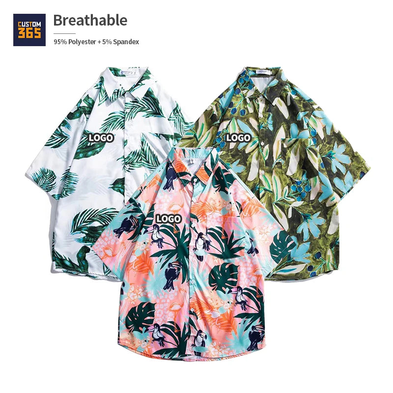 Hawaii Summer Beach Breathable 95% Polyester 5% Spandex Casual Print Short Sleeve Custom Logo Button up Mens Hawaiian Shirts