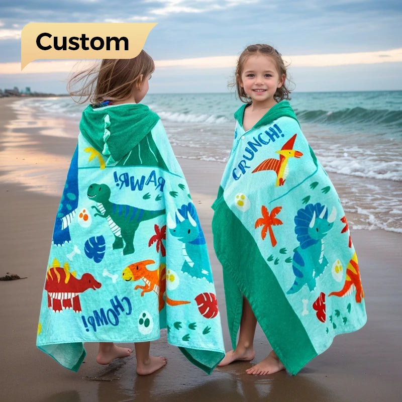 Custom Printed Summer Wearable Children Surf Poncho Towel Changing Robe Cotton Hooded Kids Beach Towels