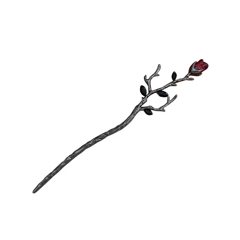 Vintage Red Black Rose Flower Hair Sticks Pins Buns Retro Rhinestone Metal China Long Hair Chopsticks Accessories for Women