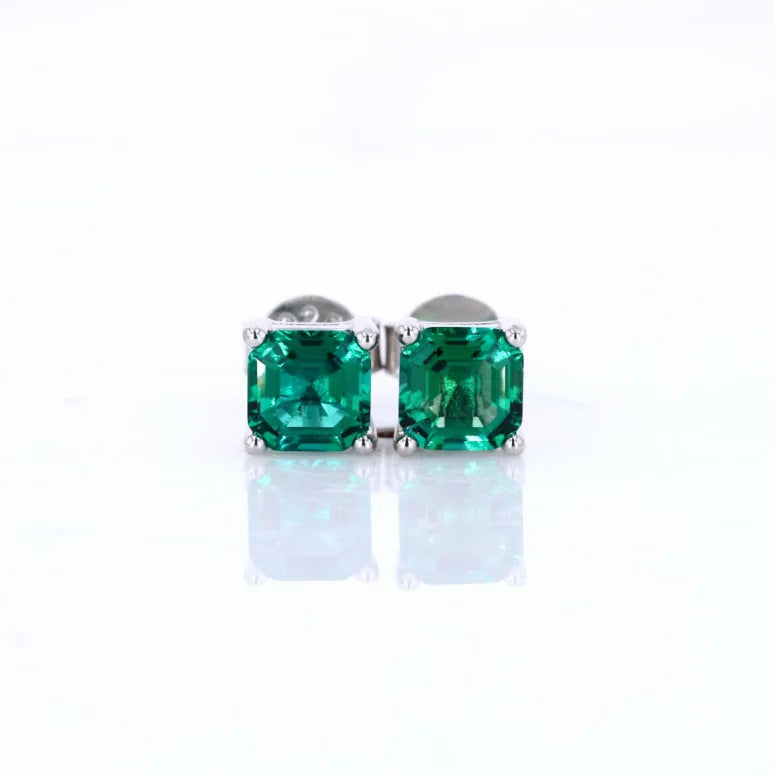 Starsgem 6.5x6.5mm Asscher Cut S925 Sterling Silver Green Lab Grown Emerald Stud Earrings