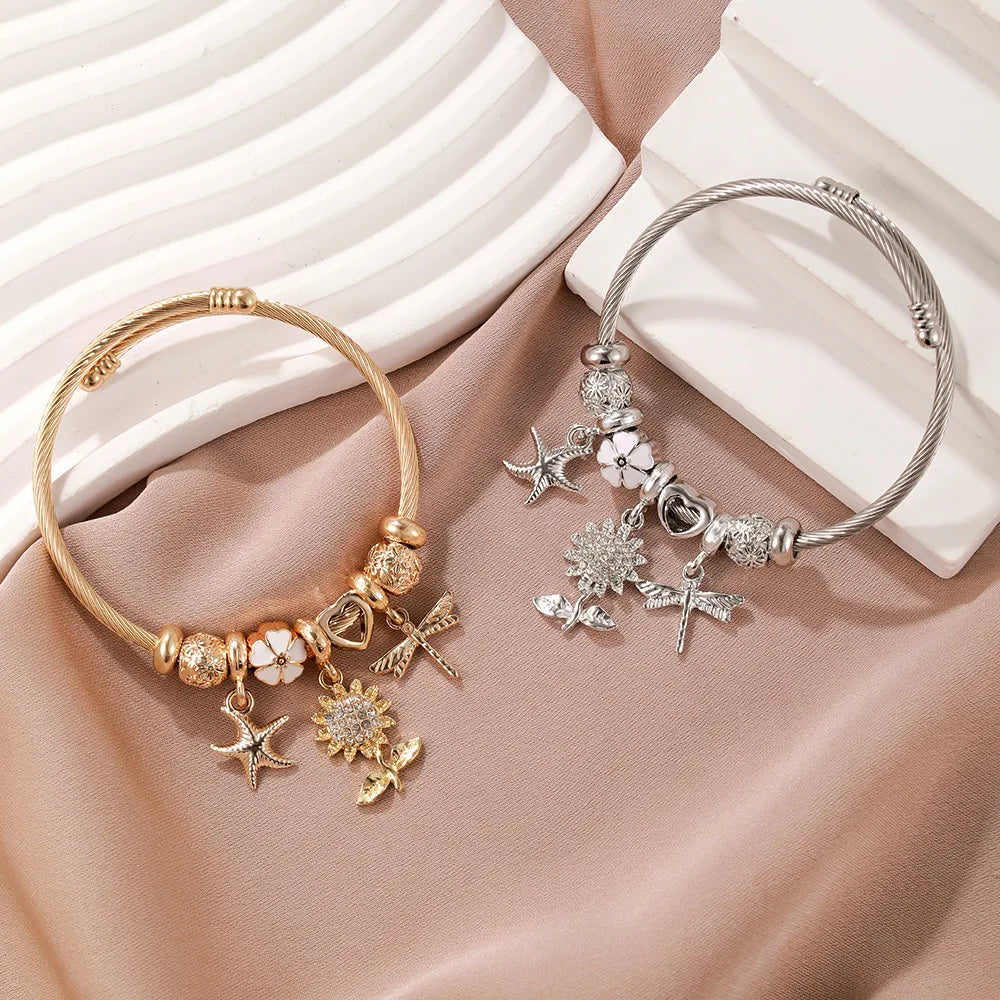2025 New Designs DIY Stainless Steel Bracelet Sunflower Starfish Dragonfly Charms Bracelet for Women