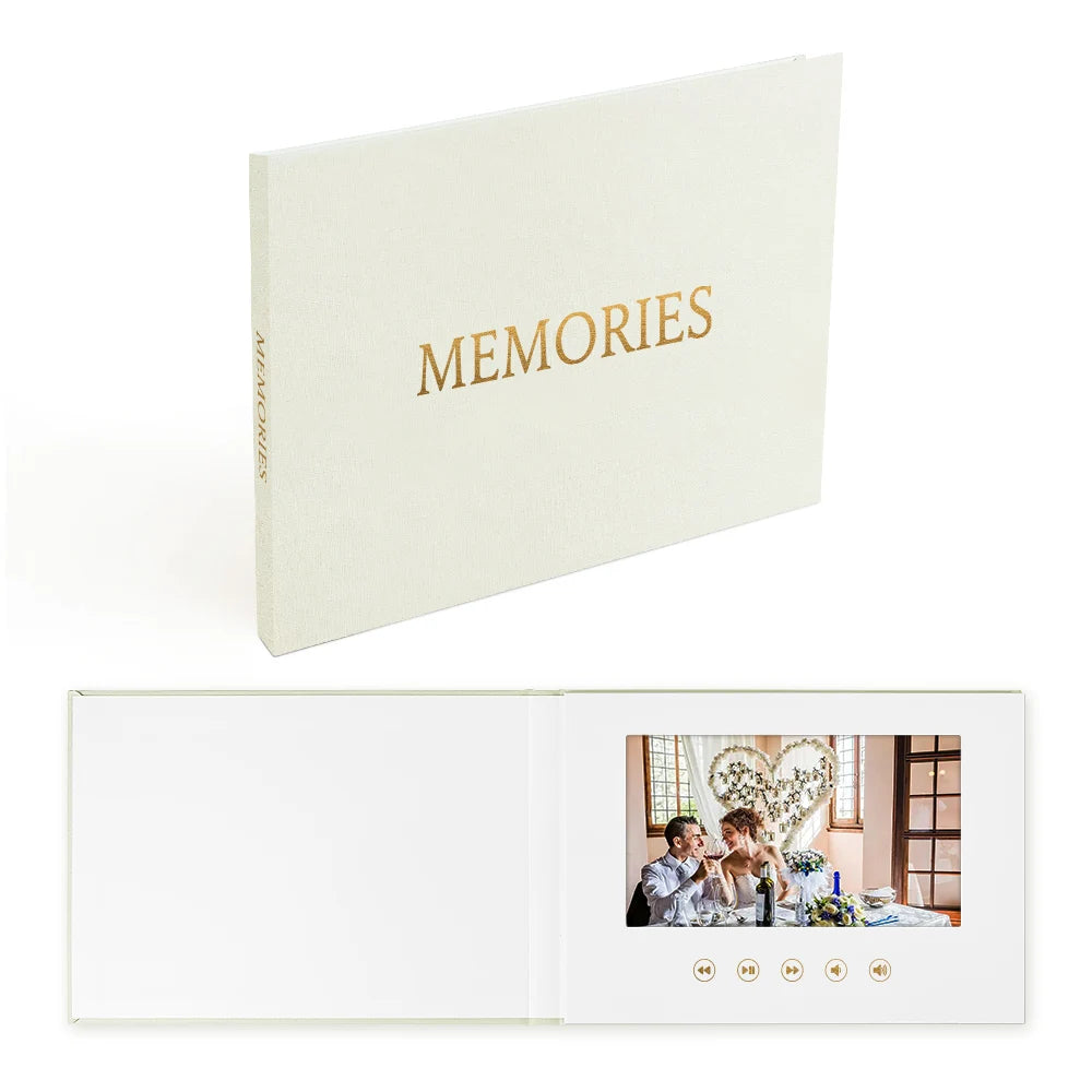 MEMORIES Gold Foil Linen Bound Video Album With Mailing Box 7" IPS Screen Keepsake Recordable Storybook Videoo Book