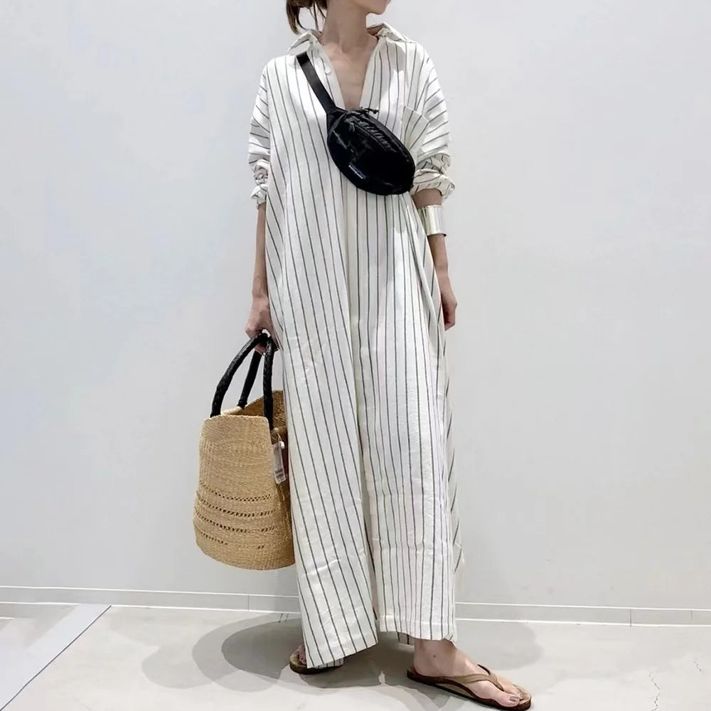 Wholesale 2026 Fall New Style Lapel Striped Casual A-line Skirt Long-sleeved Loose Single-breasted Straight Skirt Fashion Dress