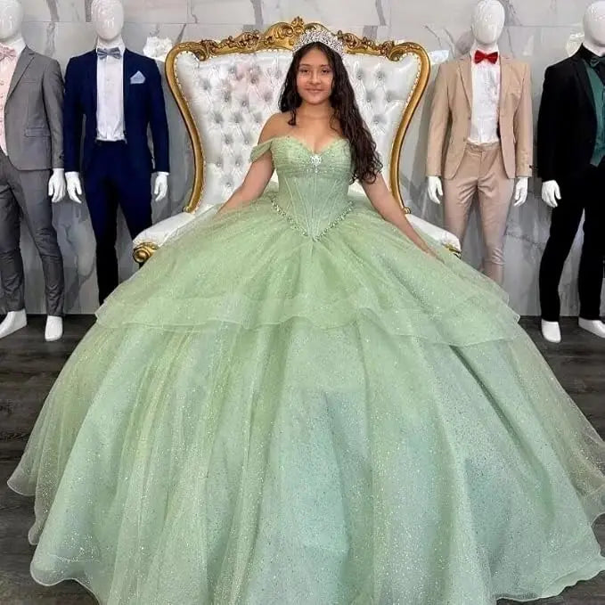 Glitter Ruffles Sage Green Formal Party Gown Beading Sweet 16 Crystal Ball Gown Vestidos De 15 Anos Quinceanera Dresses MQ649