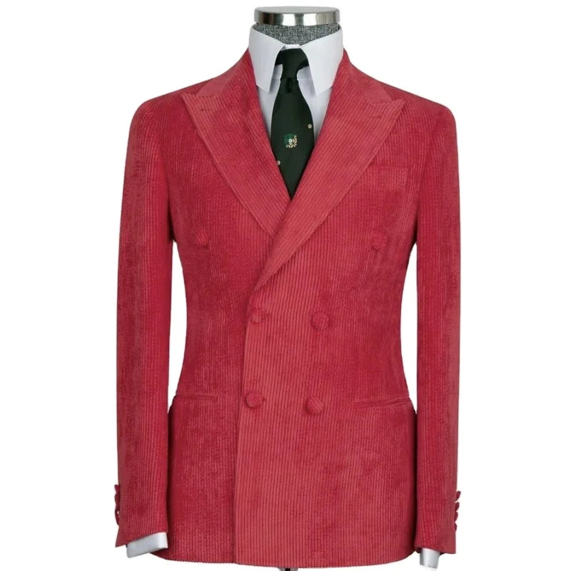 Fashion Red Corduroy Men Suits Double Breasted Groom Prom Blazer Costume Homme Marriage Tuxedo Wedding Office 2 Pcs Jacket+Pants
