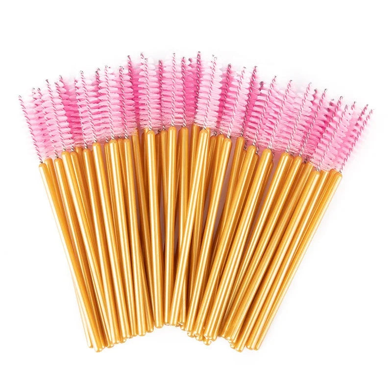 Eco Disposable Mascara Brushes Pink and Gold Lash Extensions with Golden Handle Eyelash Brushes Made of Durable Nylon Material