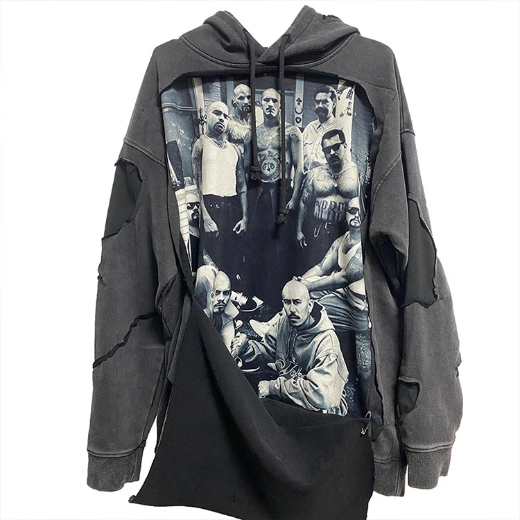 Hoodies Supplier Custom Heavyweight Distress Washing Path Hoodie High Street Hip Hop Oversize Hoodies Men