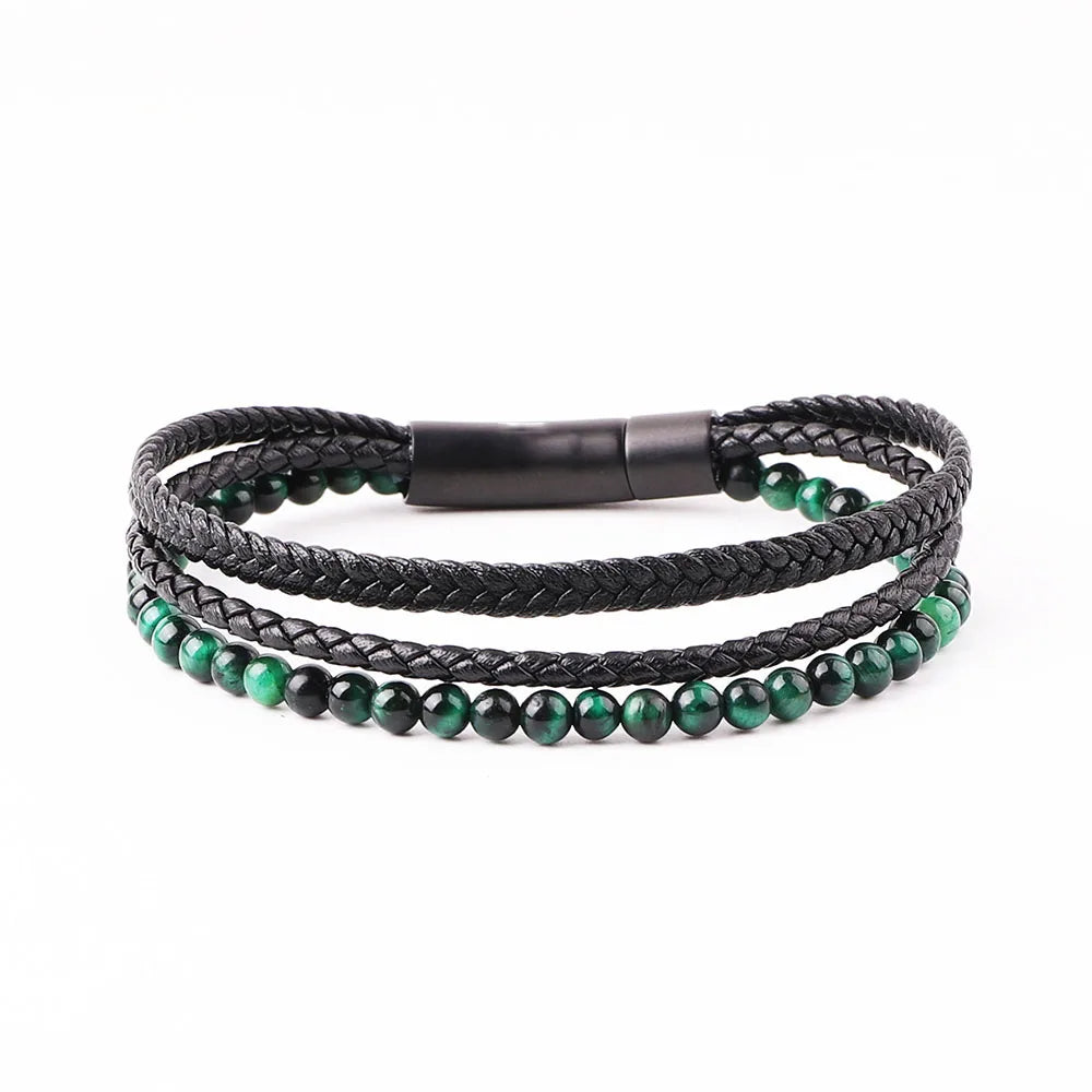 Multi Layer Real Leather Natural Stone Black Agate Tiger Eye Braided Stainless Steel Clasp Leather Bracelet Men JBS12766