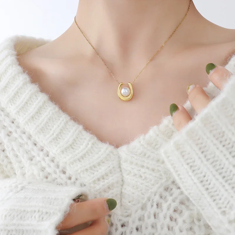 Women's Fashion  U Shaped Pearl Pendant Plated 18 K Gold Cross Chain Stainless Steel Jewelry