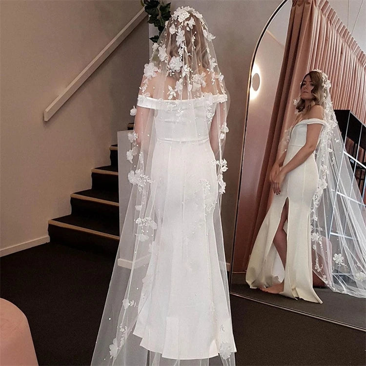 Luxury Japanese and Korean Fairy Beauty Flower Pearl Veil Wedding Bride Lace Pearl Church Aesthetic Veil With a Tail