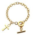 Egyptian Religious Charm Bracelet for Men Women 18K Gold Plated Stainless Steel High Polish Finish Ankh Cross Charms Dangle