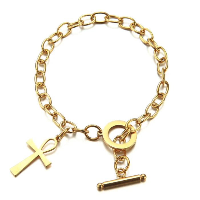 Egyptian Religious Charm Bracelet for Men Women 18K Gold Plated Stainless Steel High Polish Finish Ankh Cross Charms Dangle