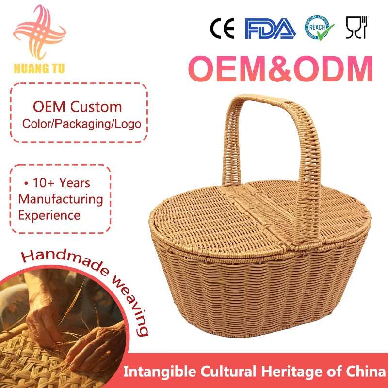 Country Style Eco-Friendly Handwoven Durable Pp Plastic Fruit Wicker Picnic Gift Storage Basket With Handle Lid Outdoor Shopping