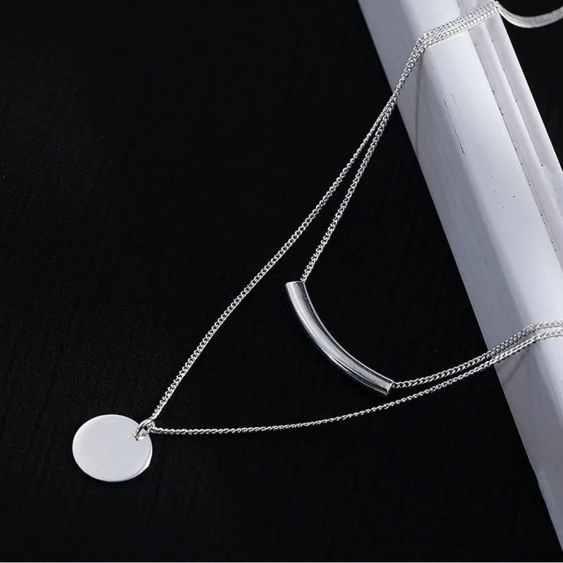 Women's Pendant Necklaces 925 Sterling Silver Double Layer Bent Tube Necklace Round Card Elegant Pendant Necklace for Women